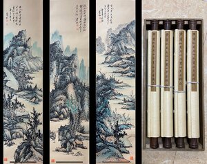 【安】中国近代画家「黄賓虹書」紙本「山水図四条屏」掛軸 共箱 中国画 墨寶妙品 中国書道 古美味 古美術 366