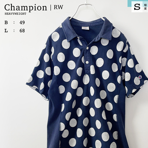 Champion リバースウィーブ 厚手 ヘビーウェイト 半袖 ドット 柄 ポロシャツ 青 ブルー 紺 ネイビー 総柄 水玉 綿 チャンピオン メンズ S