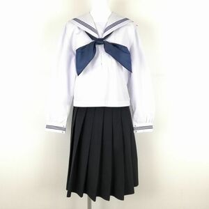 1円 セーラー服 スカート スカーフ 上下3点セット 大きいサイズ 中間服 青3本線 女子 学生服 中学 高校 白 制服 中古 ランクC NA6446