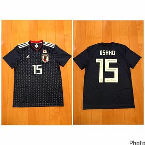 着用少な目.美品☆adidas製／JFA・日本代表 日本サイズL 当時物勝色ユニフォーム 17-18s 日の丸国旗ワッペン付 #15番.大迫勇也選手！ 露W杯