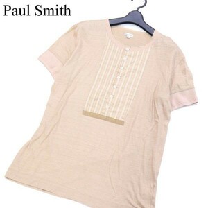 Paul Smith ポールスミス メインライン★ ストライプ切替 半袖 ヘンリー リネン ニット Tシャツ カットソー Sz.M　メンズ　G2T02226_7#D