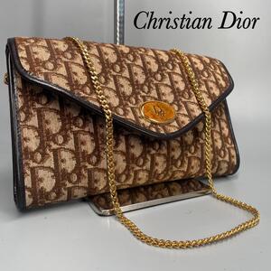 美品・希少モデル Christian Dior クリスチャンディオール ショルダーバッグ チェーン トロッターキャンバス レザー ブラウン