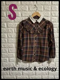 earth music & ecology ラメチェック衿レースフリルブラウスS