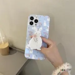 アイフォンケース,iPhone13,水色,うさぎ,花柄,スタンド