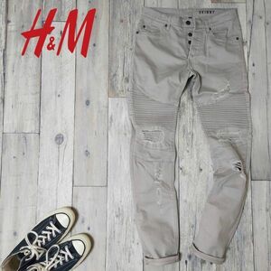 未使用☆H&M☆USED クラッシュ加工 スキニー バイカー デニム パンツ ストレッチ 28 S380