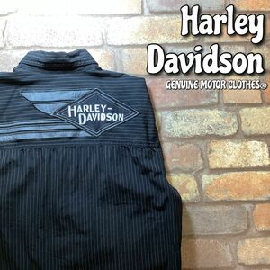 ★稀少サイズ!!★正規品★【Harley-Davidson ハーレー】豪華ワッペン刺繍 ピンストライプ スナップダウンシャツ【海外 S】黒 バイク K3-441