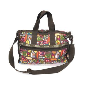 良好◆LeSportsac レスポートサック 2WAYボストンバッグ◆ マルチカラー/ブラウン ナイロン ふくろうとリス レディース ドラムバッグ bag