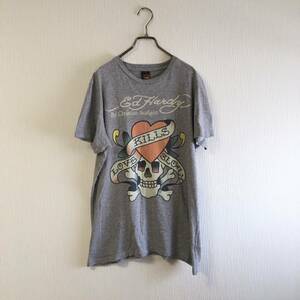 Ed Hardy LOVE KILLS SLOWLY 丸首Tシャツ L グレー エドハーディー ドクロ スカル 骸骨