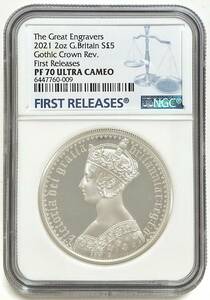 2021年 イギリス 英国 ゴシッククラウン 5ポンド 2オンス プルーフ 銀貨 ビクトリア PORTRAIT NGC PF70 ULTRA CAMEO First Releases