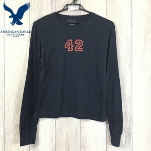 SD4-175★USA買付商品★雰囲気◎【AMERICAN EAGLE アメリカンイーグル】両面プリント 長袖 Tシャツ【ユース M 140】濃紺 ネイビー 古着