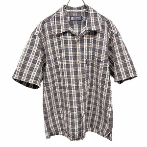 チャップス ラルフローレン CHAPS RALPH LAUREN オープンカラーシャツ クレープ生地 チェック 半袖 綿100% M ネイビー 紺×茶×白 メンズ