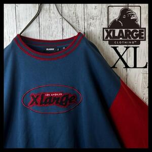 【希少】エクストララージ パイルロゴ XL ネイビー ボルドー リンガーネック XLARGE