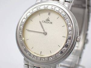 稼動品 1円～☆SEIKO セイコー QZ メンズ腕時計 CREDOR クレドール 18KT BEZEL 石付き 白文字盤 ラウンド シルバーカラー/E8364-24200