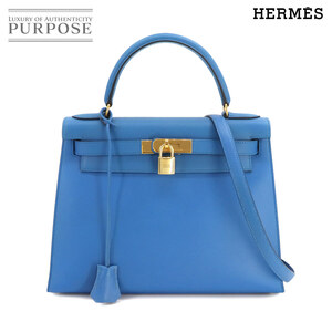 エルメス HERMES ケリー 28 2way ハンド ショルダー バッグ クシュベル エプソン ブルーフランス 外縫い 〇Y刻印 ゴールド 金具 90240005