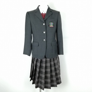 1円 ブレザー チェックスカート リボン 上下4点セット 冬物 女子 学生服 埼玉浦和実業学園中学高校 グレー 制服 中古 ランクC EY8383