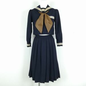 1円 セーラー服 スカート スカーフ 上下3点セット 指定 冬物 白3本線 女子 学生服 兵庫甲南女子学園 紺 制服 中古 ランクC NA7938