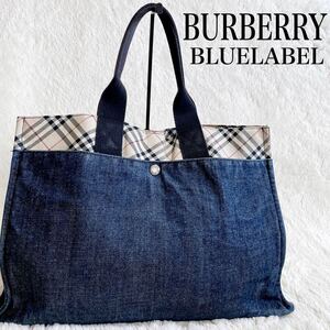 BURBERRY バーバリー インディゴ ノバチェック トートバッグ 銀ボタン BLUE LABEL 