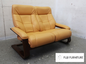 ■P022■美品■FUJI FURNITURE/富士ファニチア■本革■リクライニング2人掛けソファ■北欧デザイン■