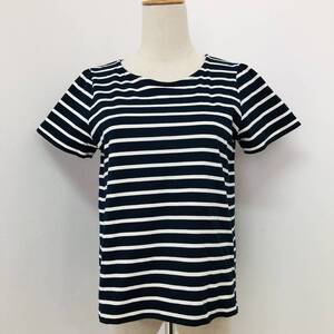 a01289 美品 earth アース レディース Tシャツ 半袖 バックシースルー フェミニン ネイビー ボーダー 綿100% シンプルデイリーカジュアル