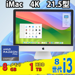 中古美品 4K対応 21.5型液晶一体型 Apple iMac A2116 (Retina,2019) macOS 14 sonoma 八世代 i3-8100 8GB 1TB Radeon Pro 555X カメラ 税無