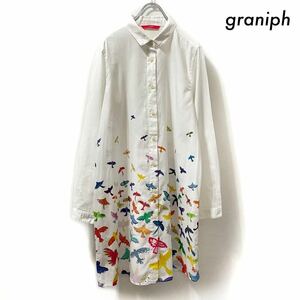 【送料無料】graniph グラニフ★長袖シャツワンピース 鳥プリント ホワイト 白