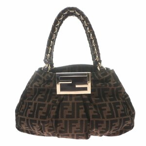 1円スタート 美品 FENDI フェンディ ズッカ柄 チェーンハンドバッグ FFロゴ ゴールド金具 トート ナイロン レザー ブラウン レディース