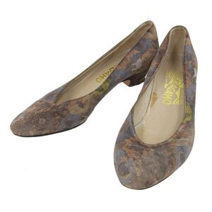 1円 ◆ジャンク◆ フェラガモ Salvatore Ferragamo スウェード 花柄 パンプス size5 B [Y02079]