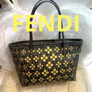 ☆美品☆FENDI ズッカ柄 パンチング スモールトートバッグ カーキxイエロー