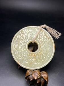 ▽鴻▽ 和田玉製 細密彫 如意紋 玉璧 置物 古賞物 中国古玩 中国古美術