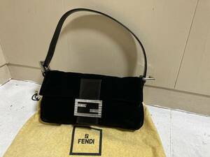 FENDI フェンディ ベロア ハンドバック レザーハンドル　FF金具