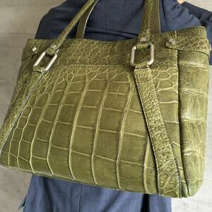 極美品 希少色 A4可 本クロコダイル メンズ トートバッグ 肩掛け ショルダー エキゾチックレザー 鰐革 ワニ 緑 グリーン ビジネスバッグ 鞄