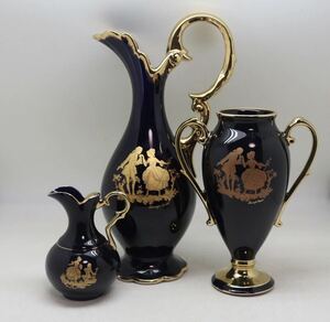 リモージュ LIMOGES キャッスル CASTEL 22K GOLD 水差し　花瓶 フラワーベース　瑠璃金手付き　3点セット