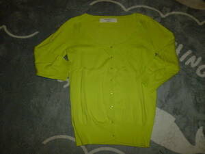 424-77♀：ZARA　KNIT　ザラニット　クルーネック長袖カーディガン　カンボジア製　サイズ.S　色.黄緑