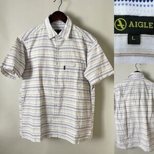 ★並品【国内正規品 USED品】 AIGLE エーグル 8501-63107 コットン100％ 胸ポケット ボーダー柄 半袖 シャツ L ホワイト ブラウン ブルー系