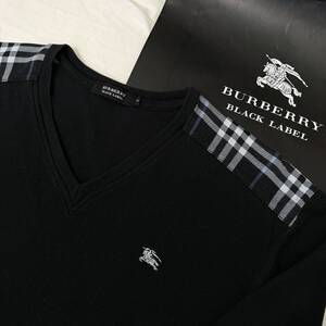 美品 名作 BURBERRY BLACK LABEL バーバリーブラックレーベル 長袖VネックTシャツ ロンT 肩ノバチェック ホース刺繍 黒 2(M) #2961