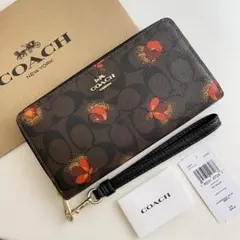 COACH コーチ ストラップ付き　長財布　シグネチャー レッド　花柄