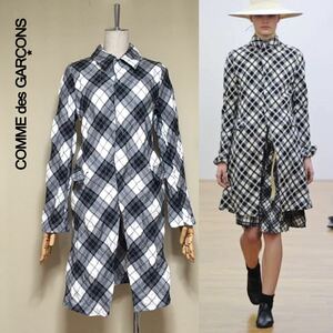 【美品】COMME des GARCONS コムデギャルソン 洗える チェック柄 ロングジャケット Mサイズ ブラック レディース 薄手コート 日本製