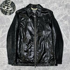 極美品 定価22万 DIESEL ディーゼル 22ss COLLECTION 本革 羊革 光沢 レザージャケット シングル ライダース メンズ L 黒 Dロゴ 金具 C799