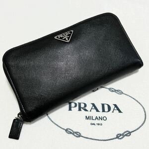 極美品 PRADA プラダ ラウンドファスナー サフィアーノ 長財布 レザー ブラック 本革 メンズ レディース 三角ロゴ