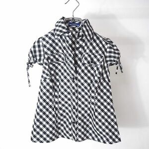 3-SJ013【未使用】バーバリーブルーレーベル Burberry BLUE LABEL コットンリネン 半袖 ブラウス ブラック ギンガムチェック 36 レディース