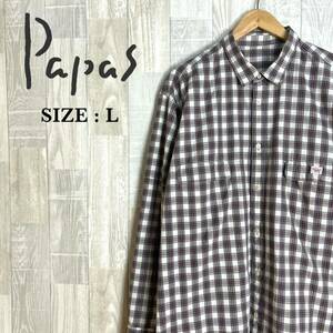 M3603 Papas パパス　長袖シャツ　チェック柄　チェックシャツ Lサイズ　綿100％　メンズ　日本製　トップス　コットン100％