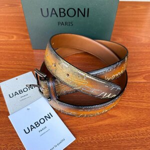 超人気 EU製 定価9万◆UABONI*ユアボニ*幻のパティーヌ*ベルト◆手染 ハンドメイド ゴールデン 調節可能 本革 ビジネス 紳士