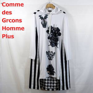 【良品】コムデギャルソンオムプリュス　ロング丈　プリント切替パーカー　COMME des GARCONS Homme Plus　サイズＳ 　白黒