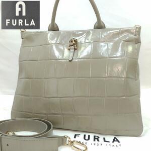 【極美品/A4可】フルラ FURLA トートバッグ 2way ショルダー ビジネス クロコ型押し レザー 本革 斜め掛け メンズ/レディース 灰色 グレー