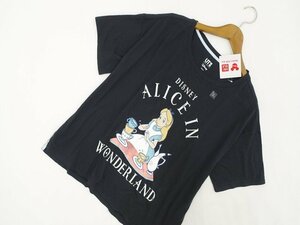 新品タグ付 UNIQLO×Disney 半袖 ディズニー(AIW)グラフィックTシャツ XL ブラック地 ホワイト 英字&アリス プリント柄 【メール便可】