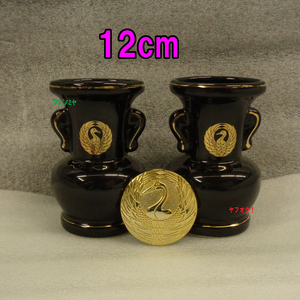 日蓮正宗 花立 １２cm １対セット鶴丸 紋章 入り 仏花 黒塗り4寸 花瓶 陶器製 黒塗 ミニ仏壇仏具 厨子 ヤフオク特価 希少 正宗