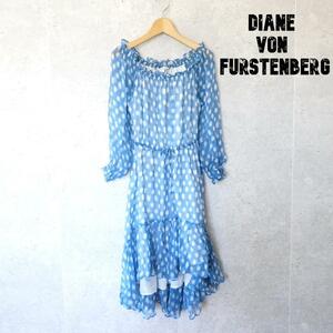 極美品 DIANE von FURSTENBERG ダイアンフォンファステンバーグ サイズ2 シルク100％ 膝丈 長袖 シフォン フレアワンピース ライトブルー