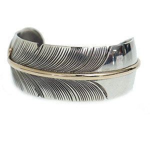 ナバホ族 NAVAJO CHRIS CHARLEY 12k GF Sterling Feather Cuff クリスチャーリー作 コンビ フェザー カフ バングル ブレスレット シルバー