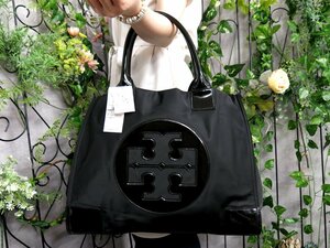 ●超美品●TORY BURCH トリーバーチ●エラ●ナイロン エナメル パテント レザー 本革●トート バッグ●黒●G金具●肩掛け●A4●Js48005