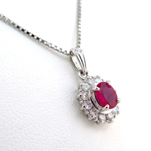 Pt★プラチナ ネックレス ルビー0.730ct 7月 ◇ダイヤモンド0.360ct 誕生石 4月 シンプル 一粒 ●最大38cm【中古】/I221/25462/10002195